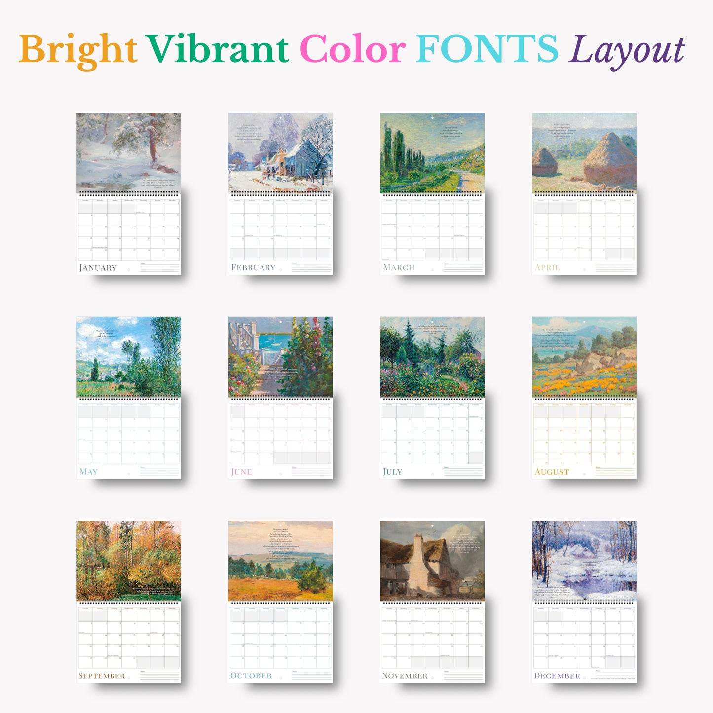 Calendar with landscape illustrations for each month on a white background