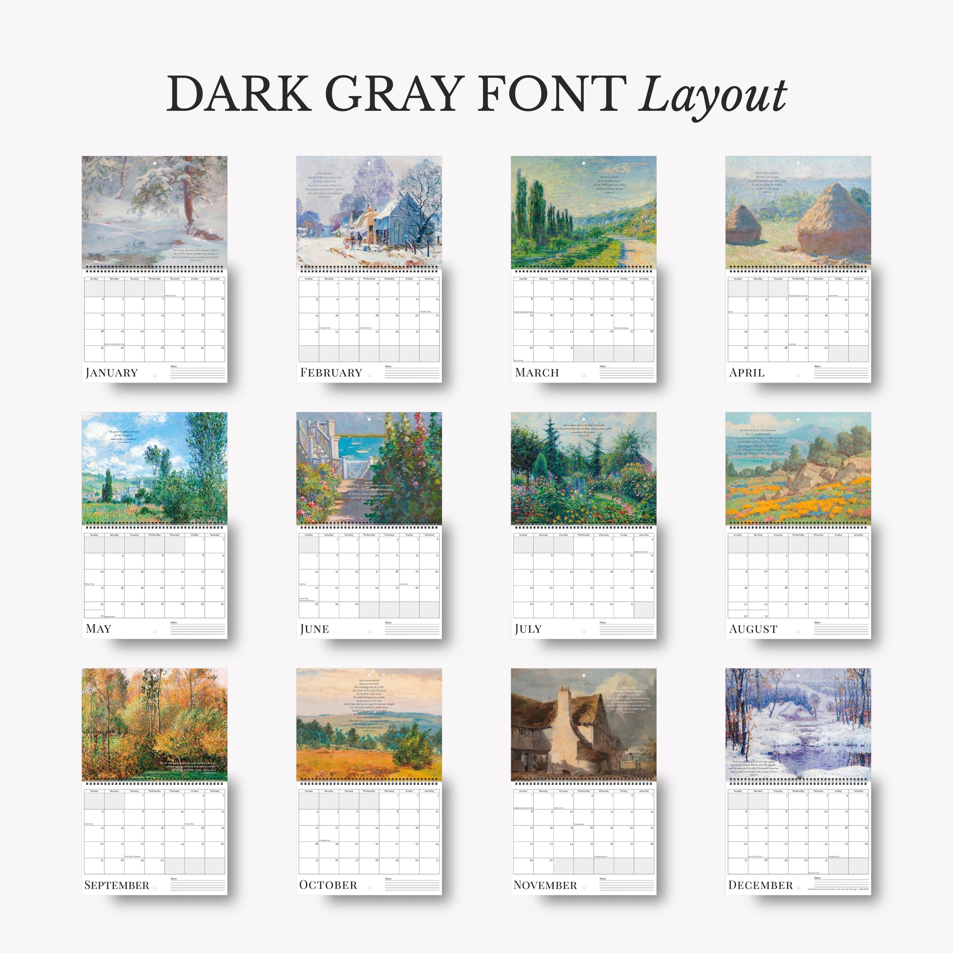 Calendar with landscape images for each month, featuring a dark gray font layout.