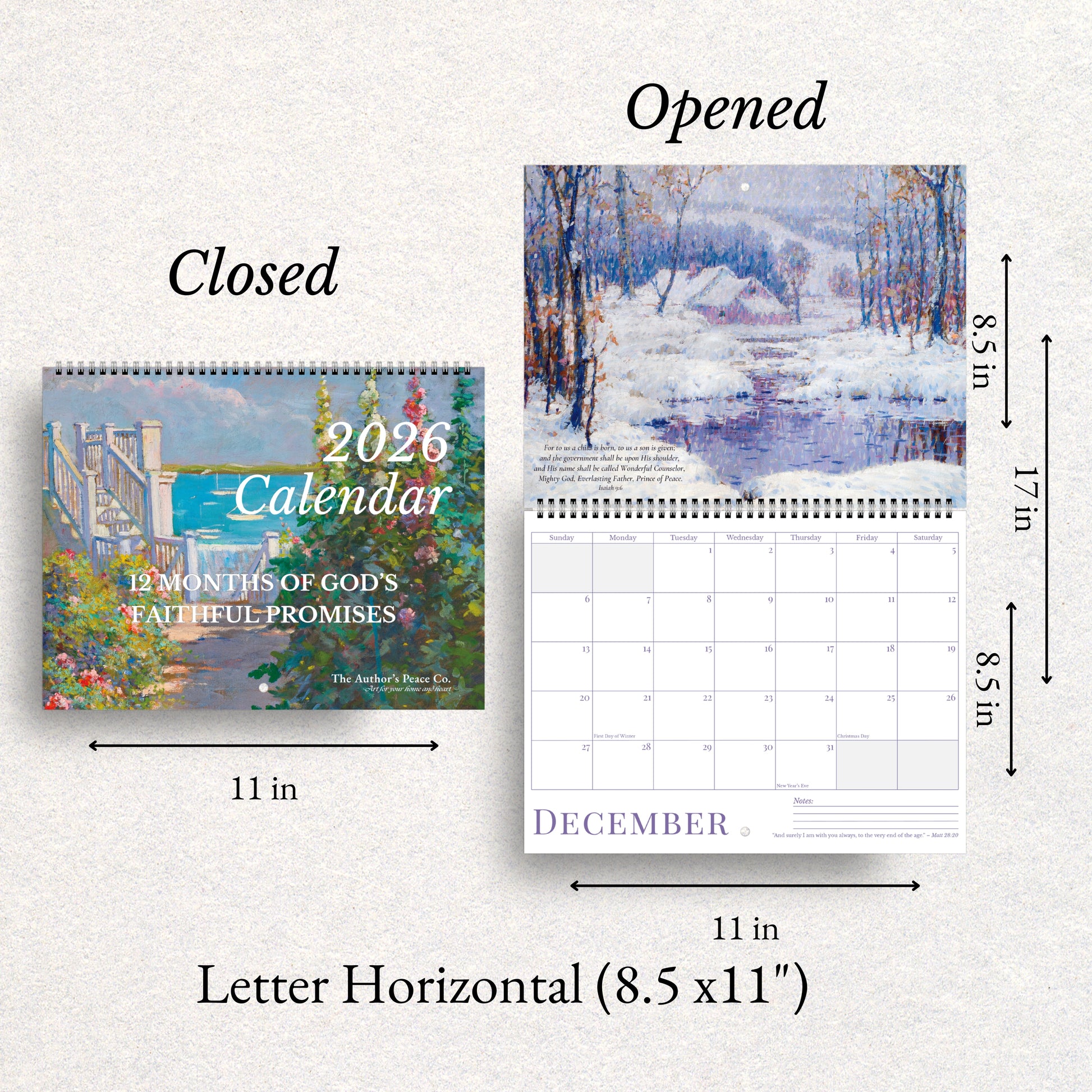 2026 calendar with open and closed views, showing dimensions and design details.