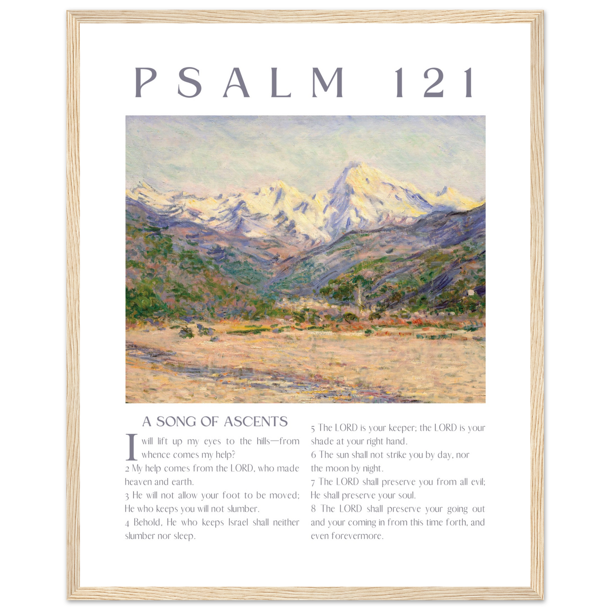 Framed artwork with a mountain landscape and text of Psalm 121.