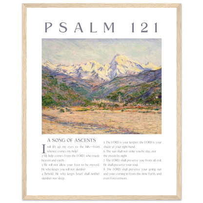Framed artwork with a mountain landscape and text of Psalm 121.