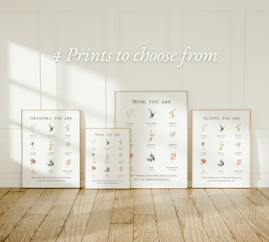 Four framed prints on a wall with a wooden floor.