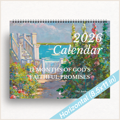 2026 calendar with garden scene and text '12 Months of God's Faithful Promises' on a white background