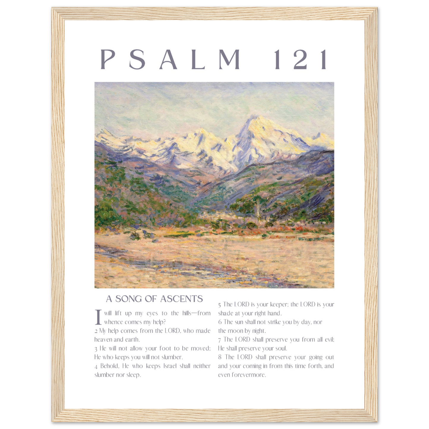 Framed artwork with mountain landscape and 'Psalm 121' text on a white background