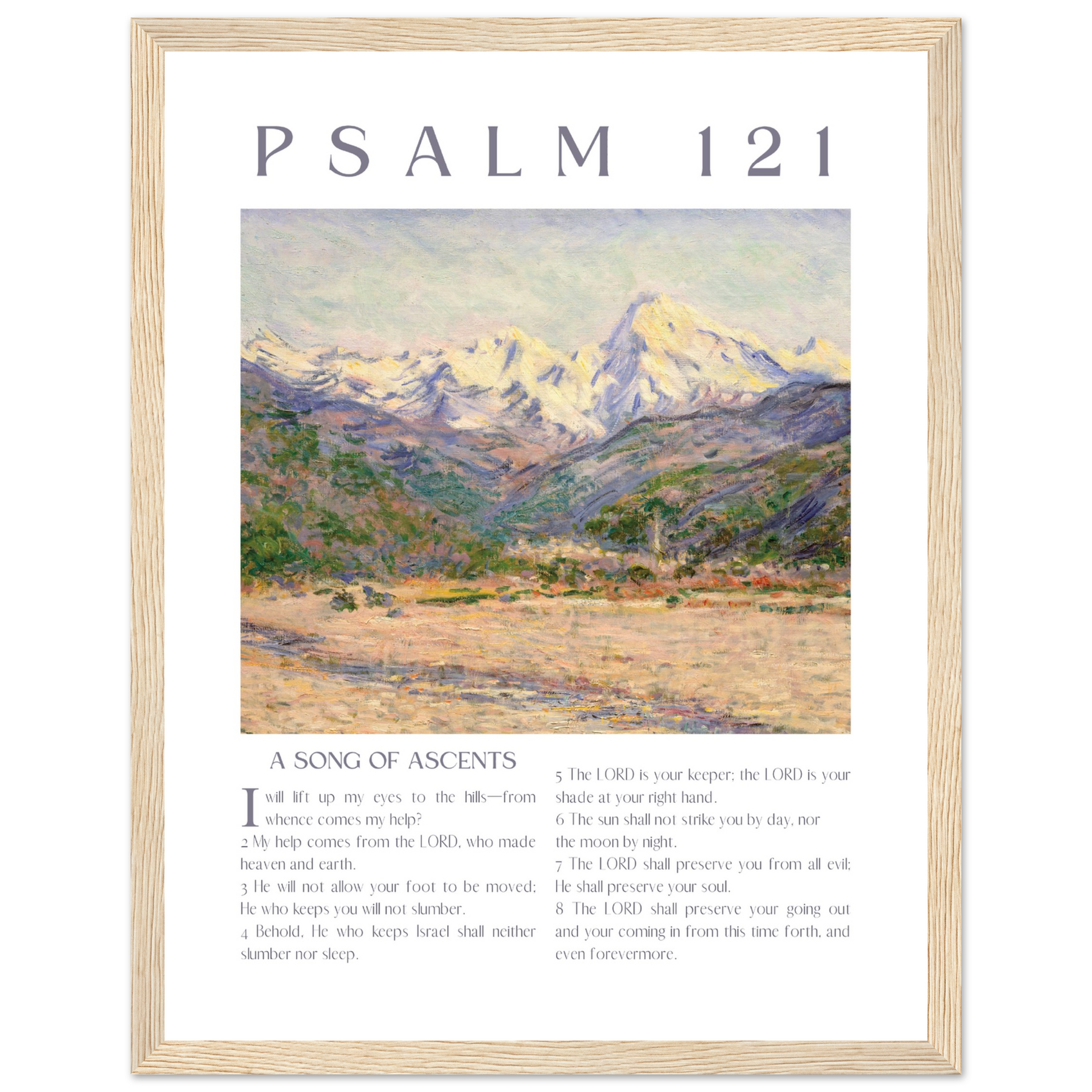 Framed artwork with mountain landscape and 'Psalm 121' text on a white background