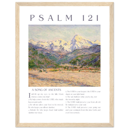 Framed artwork with mountain landscape and 'Psalm 121' text on a white background