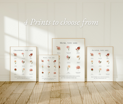 Four framed floral prints on a wall with a wooden floor.