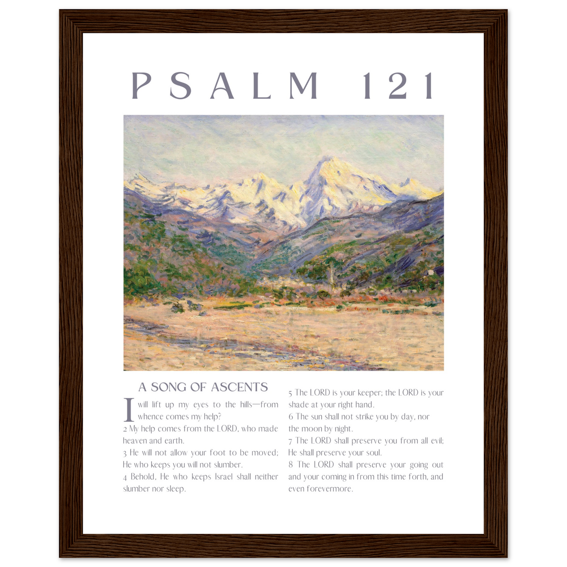 Framed artwork with a mountain landscape and text of Psalm 121.