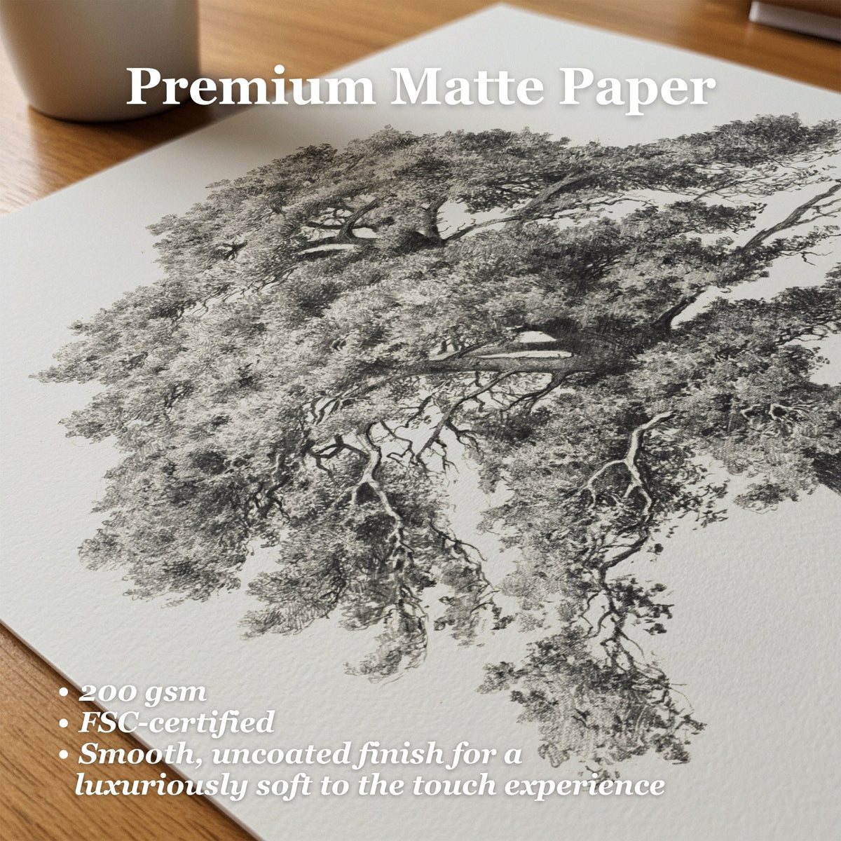 A sheet of premium matte paper on a wooden surface, featuring a black charcoal sketch of a tree. White text at the top reads 'Premium Matte Paper' and bullet points at the bottom highlight 200 gsm, FSC-certified quality, and a smooth uncoated finish.