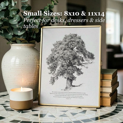 A framed black-and-white tree illustration print displayed on a mosaic table, styled with a ceramic vase of eucalyptus, a lit candle, and stacked books. White text at the top reads: 'Small Sizes: 8x10 & 11x14 Perfect for desks, dressers & side tables.