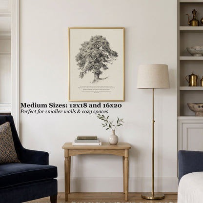 A framed black-and-white tree art print hangs on a light wall above a small wooden side table in a styled room with a navy armchair, floor lamp, and shelving. Text on the image reads: 'Medium Sizes: 12x18 and 16x20 Perfect for smaller walls & cozy spaces.