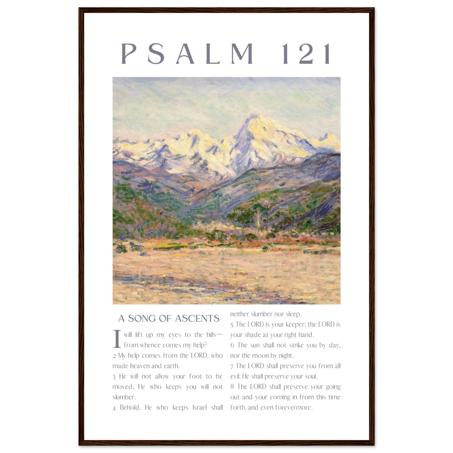 Poster with mountain landscape and Psalm 121 text on a white background