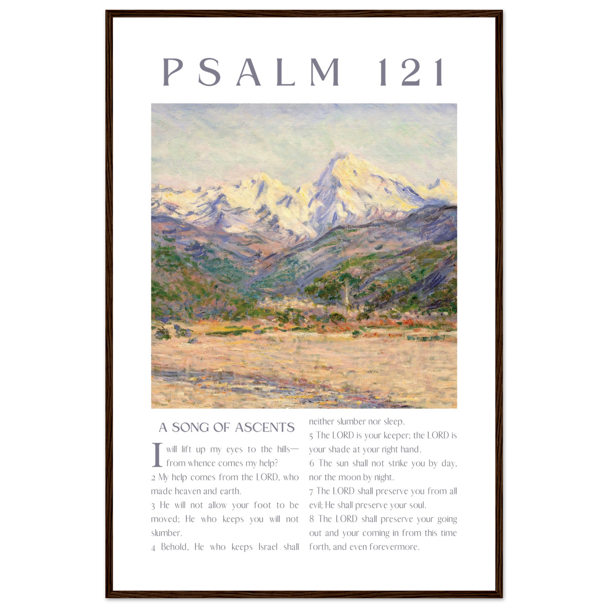 Poster with mountain landscape and Psalm 121 text on a white background
