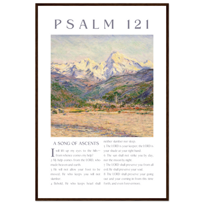 Poster with mountain landscape and Psalm 121 text on a white background