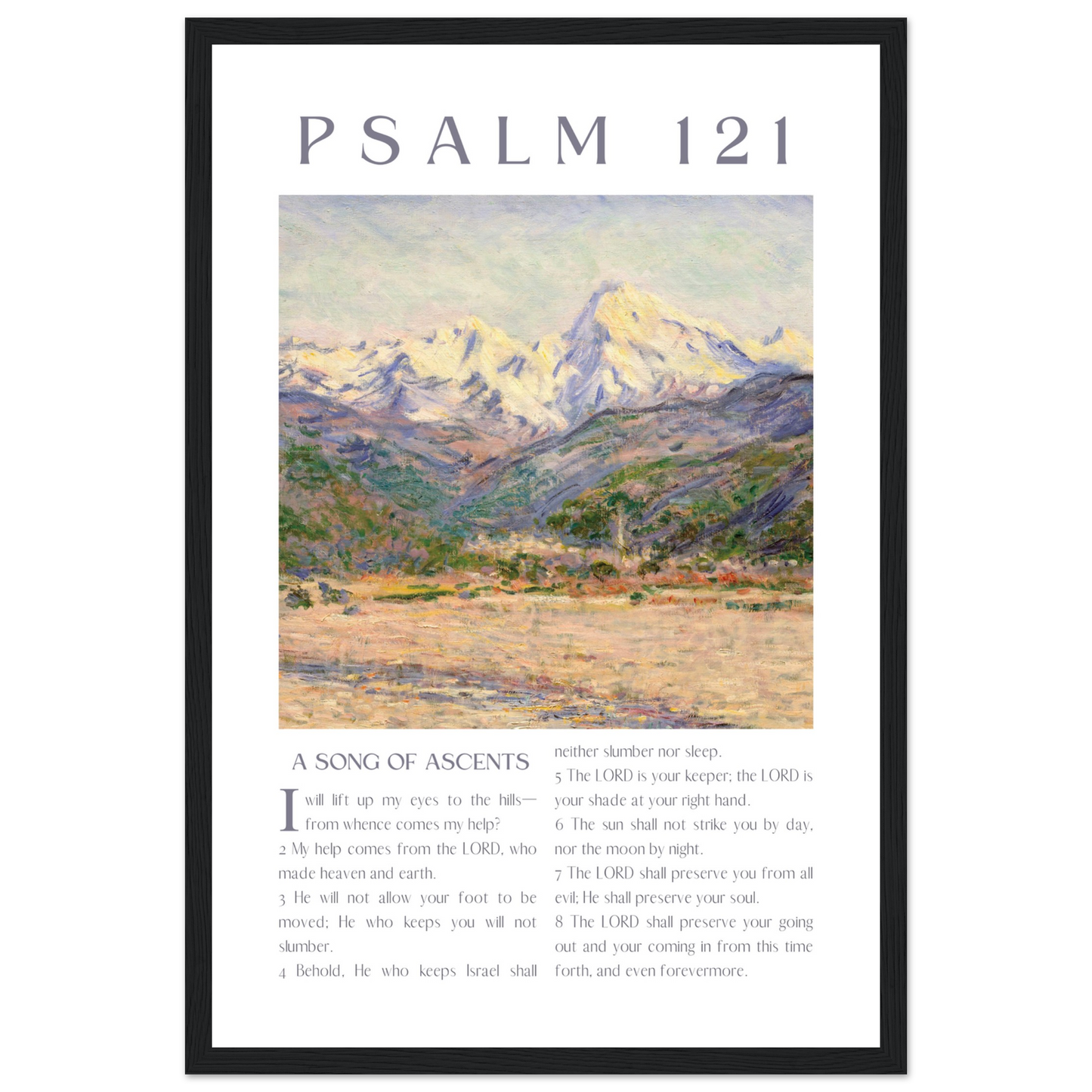 Framed artwork with mountain landscape and Psalm 121 text on a white background