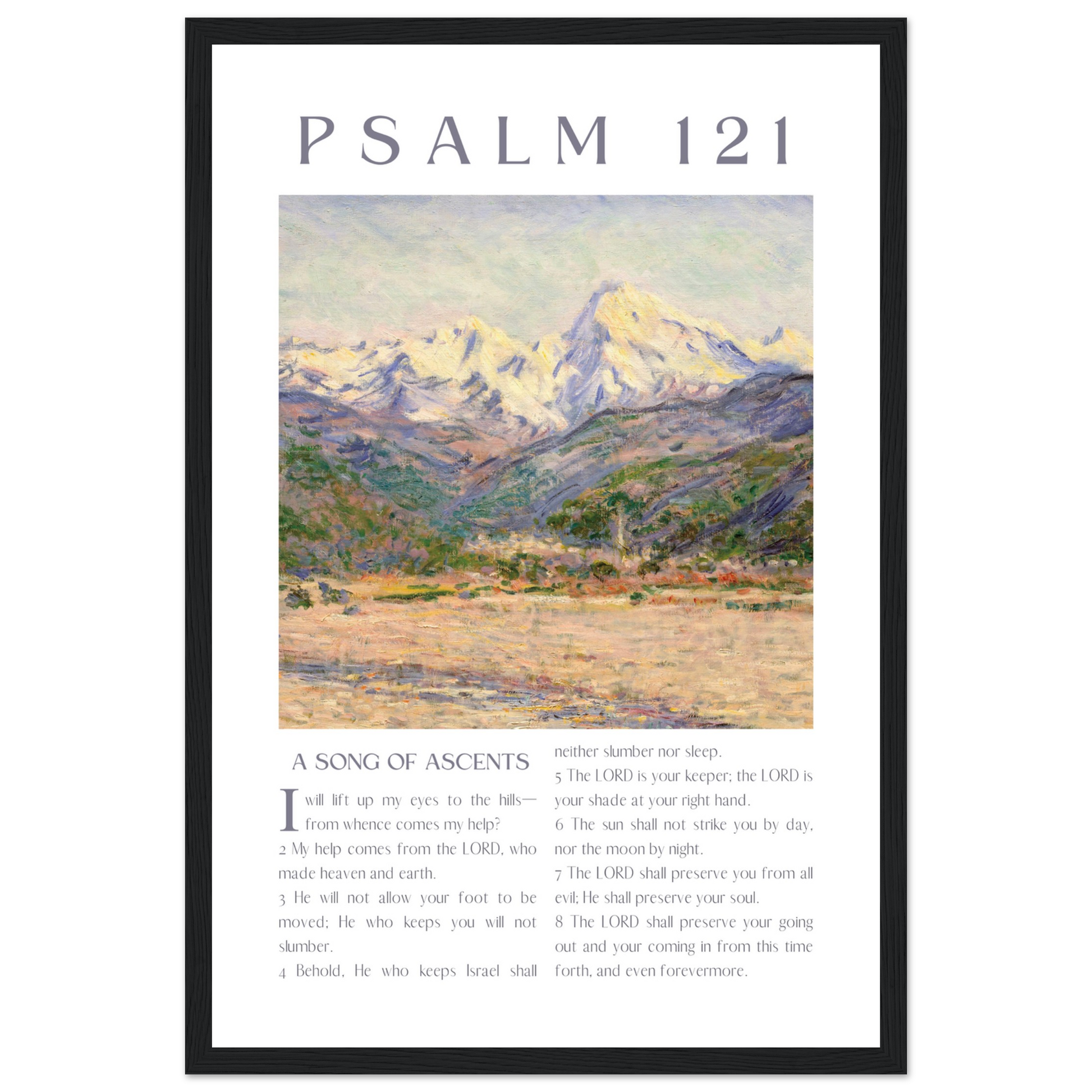 Framed artwork with mountain landscape and Psalm 121 text on a white background