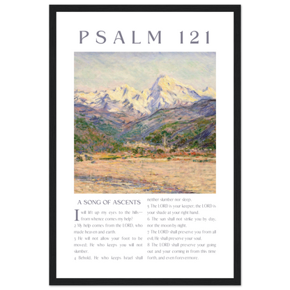 Framed artwork with mountain landscape and Psalm 121 text on a white background