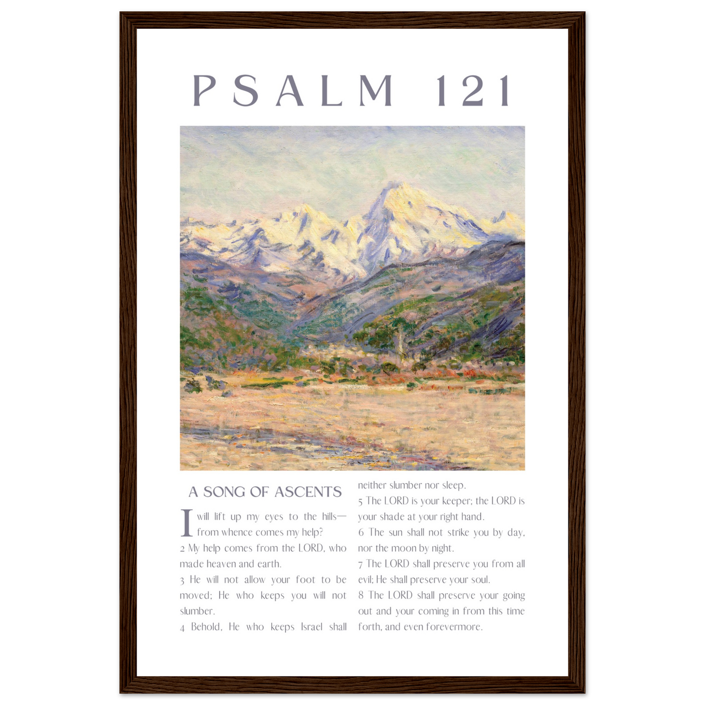 Framed artwork with mountain landscape and Psalm 121 text on a white background