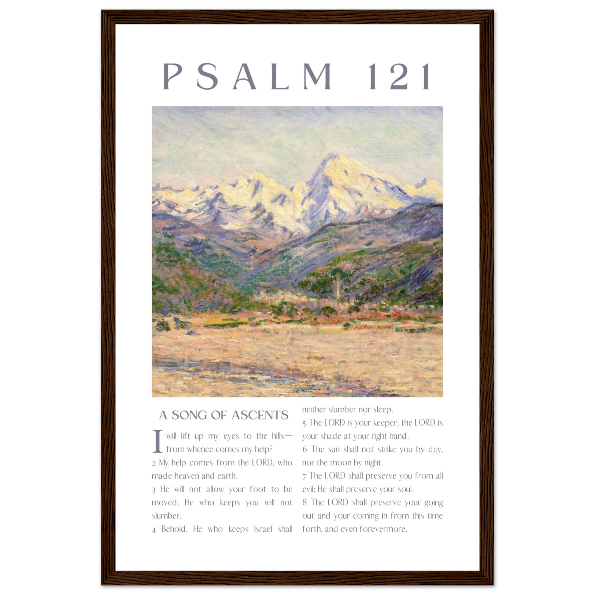 Framed artwork with mountain landscape and Psalm 121 text on a white background