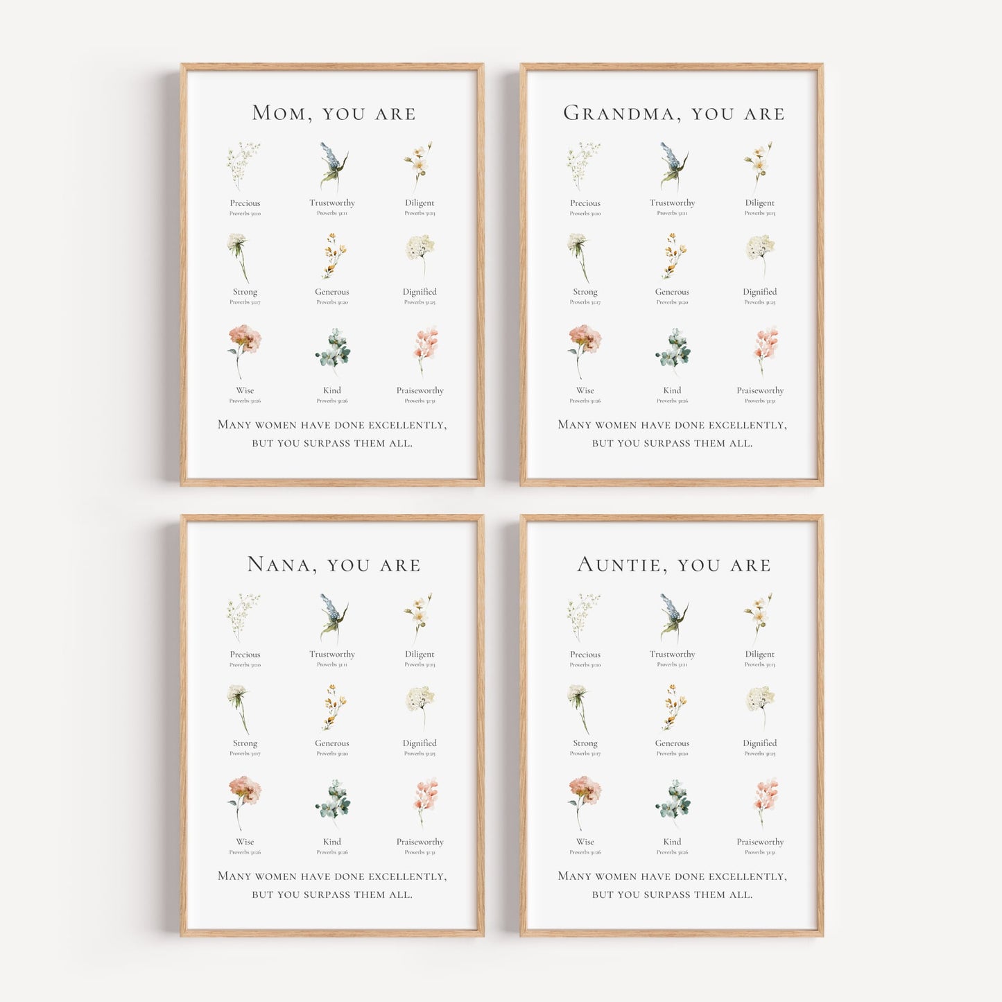 Four framed prints with floral designs and text on a white background