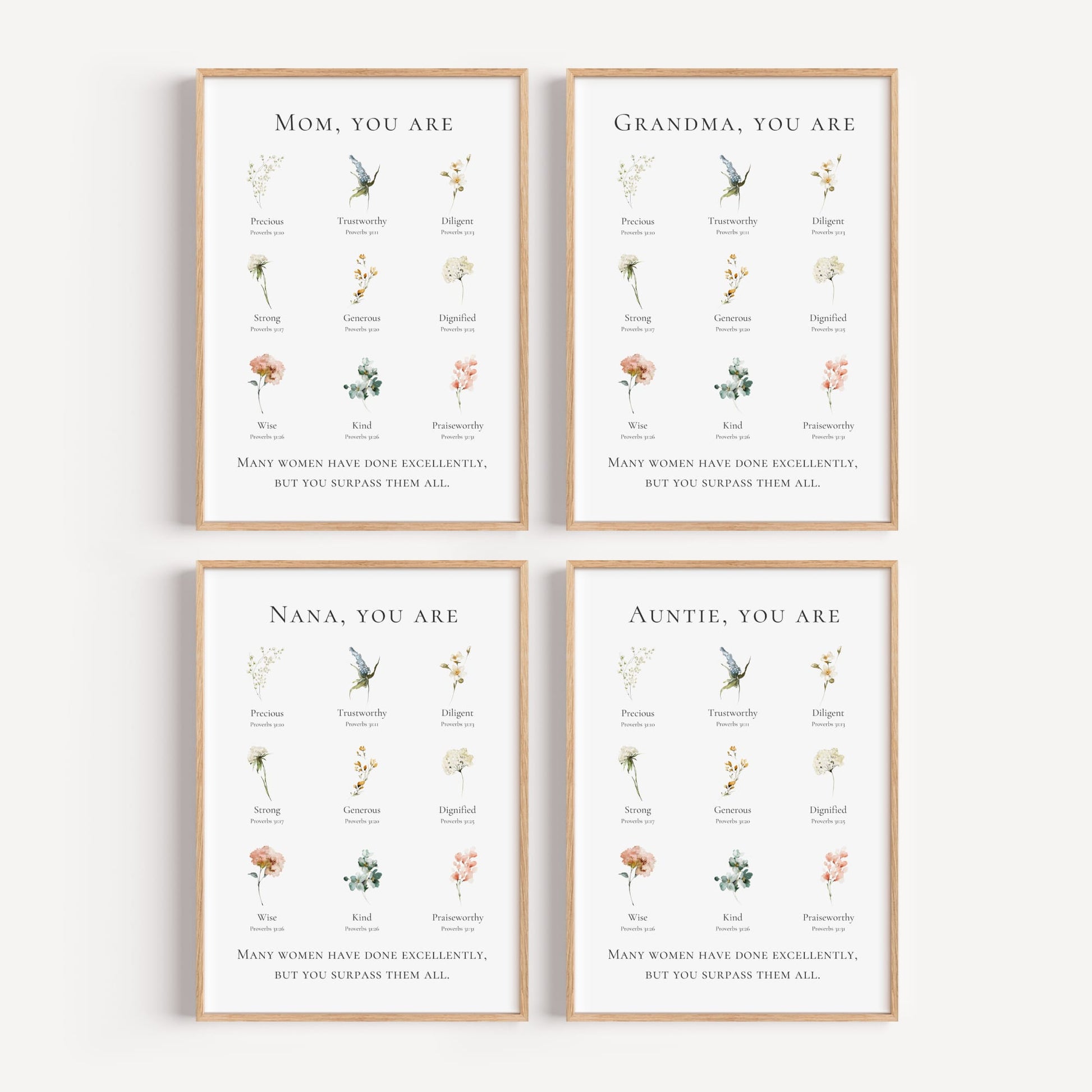 Four framed prints with floral designs and text on a white background