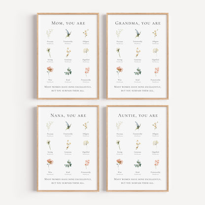 Four framed prints with floral designs and text on a white background