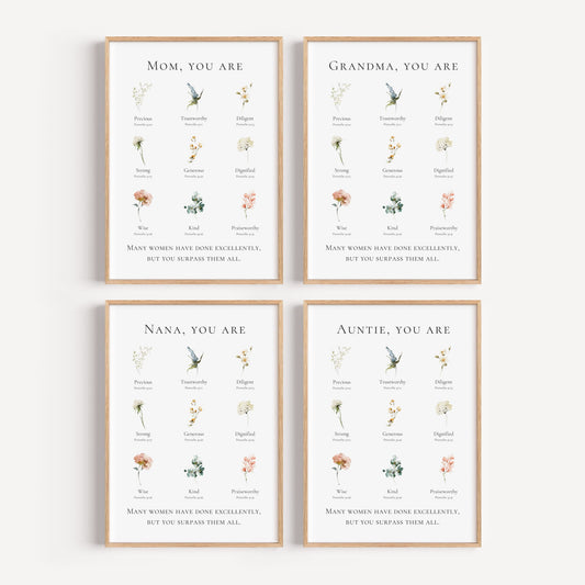 Four framed prints with floral designs and text on a white background