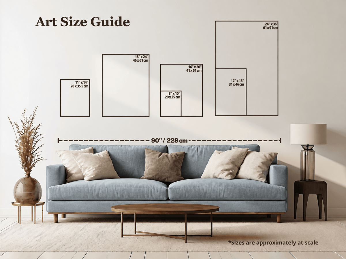 An art size guide diagram displayed on a wall above a blue sofa in a styled living room. The diagram shows five framed art sizes with dimensions in inches and centimeters, along with a dashed measurement line indicating 90 inches (228 cm).