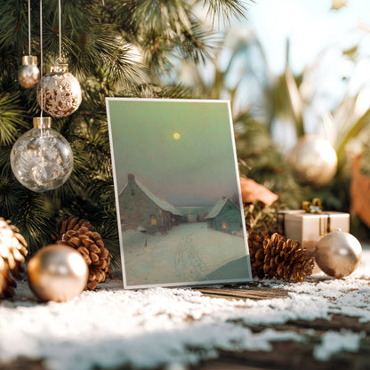 Christmas card with snowy scene surrounded by festive decorations on a tree