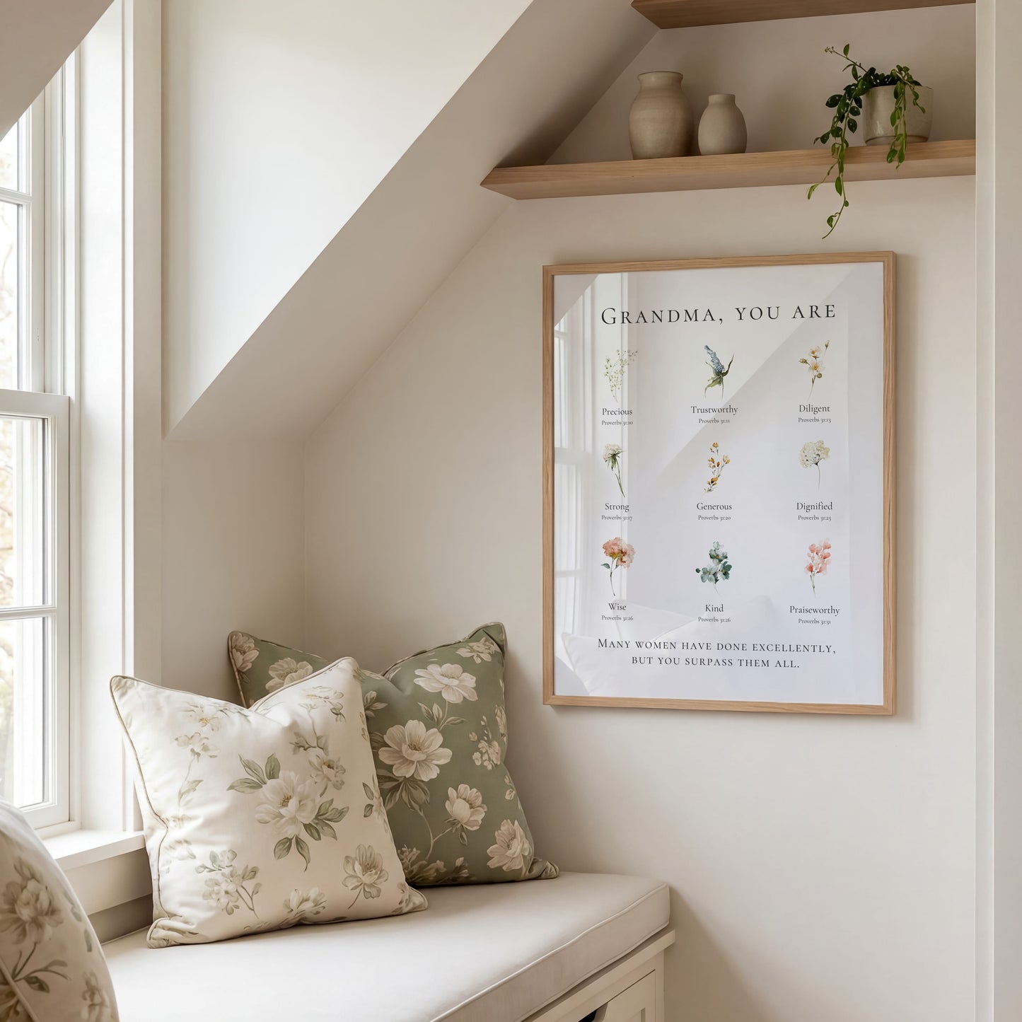 Nook with floral cushions, a framed print, and shelves with decorative items.