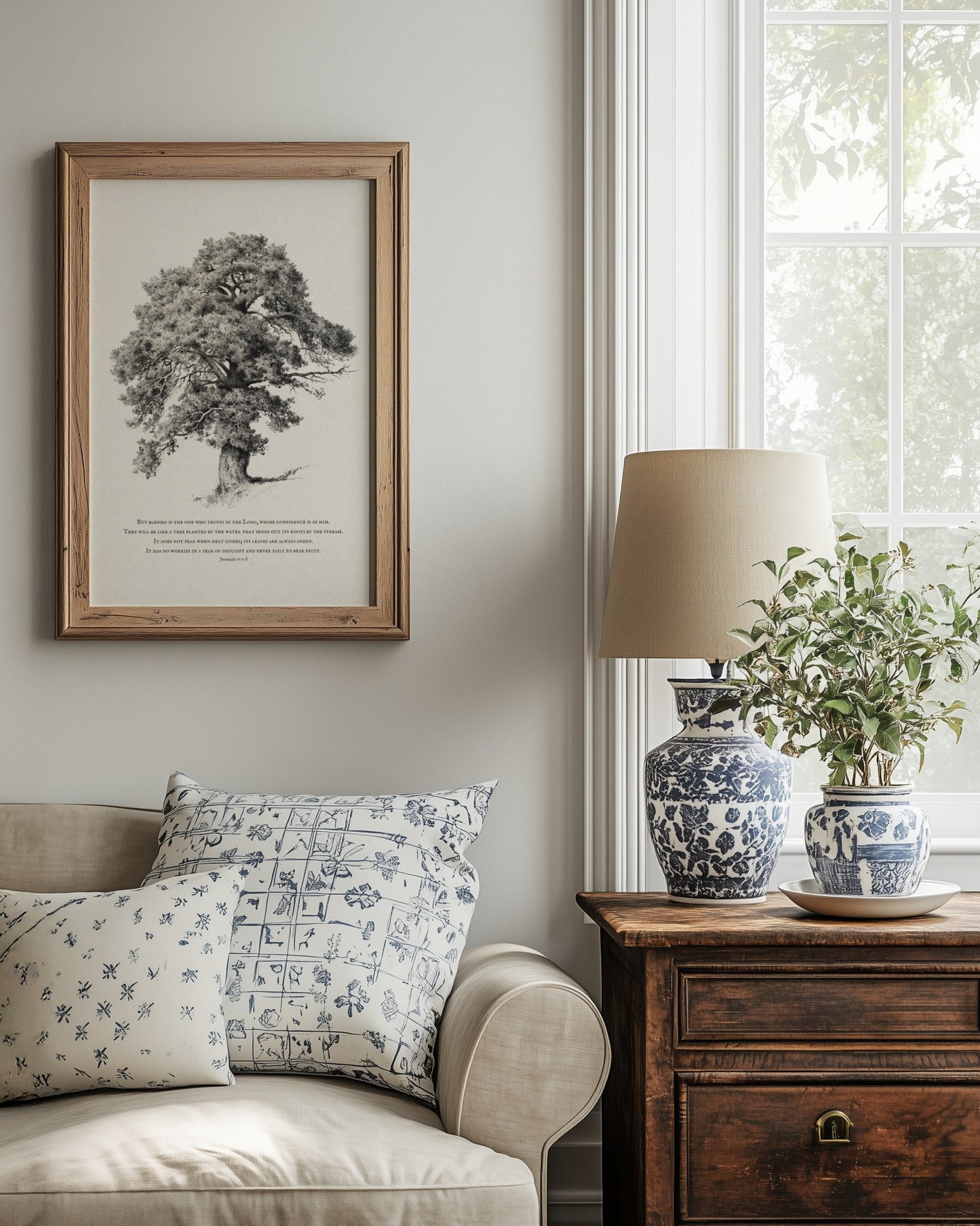 Living room with a framed tree print, lamp, and decorative items.