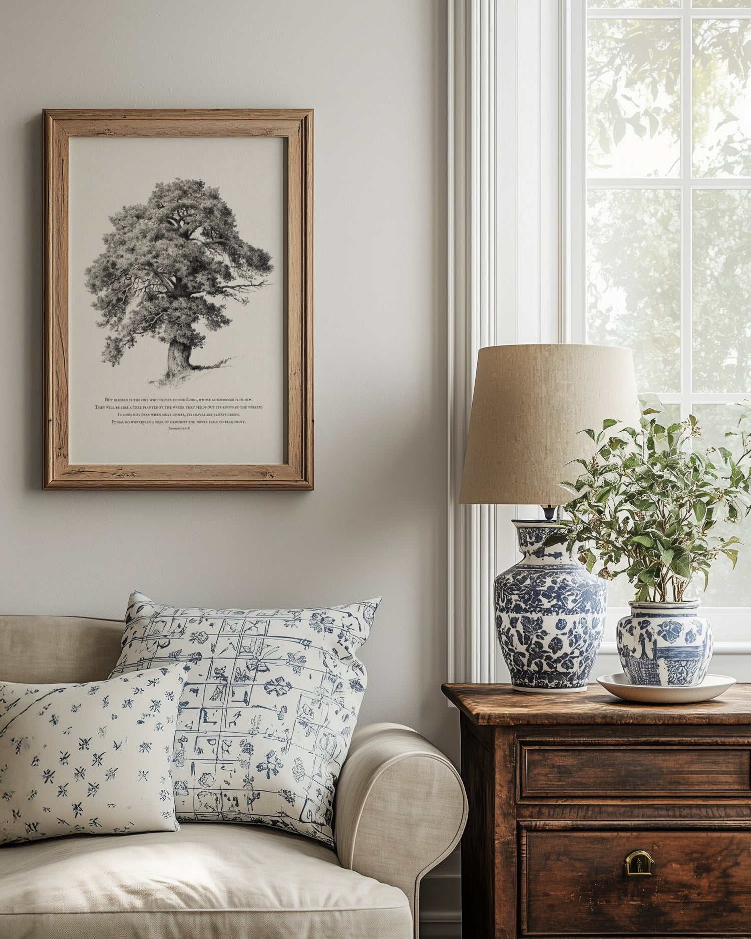 Living room with a framed tree print, lamp, and decorative items.