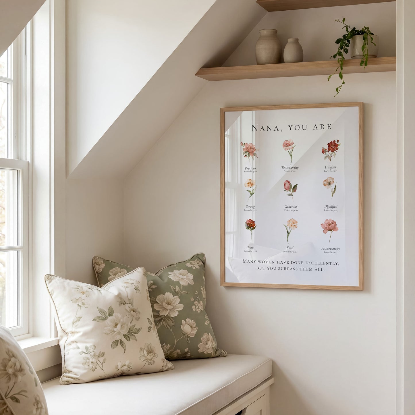 Nook with floral cushions, a framed print on the wall, and a shelf with decorative items.