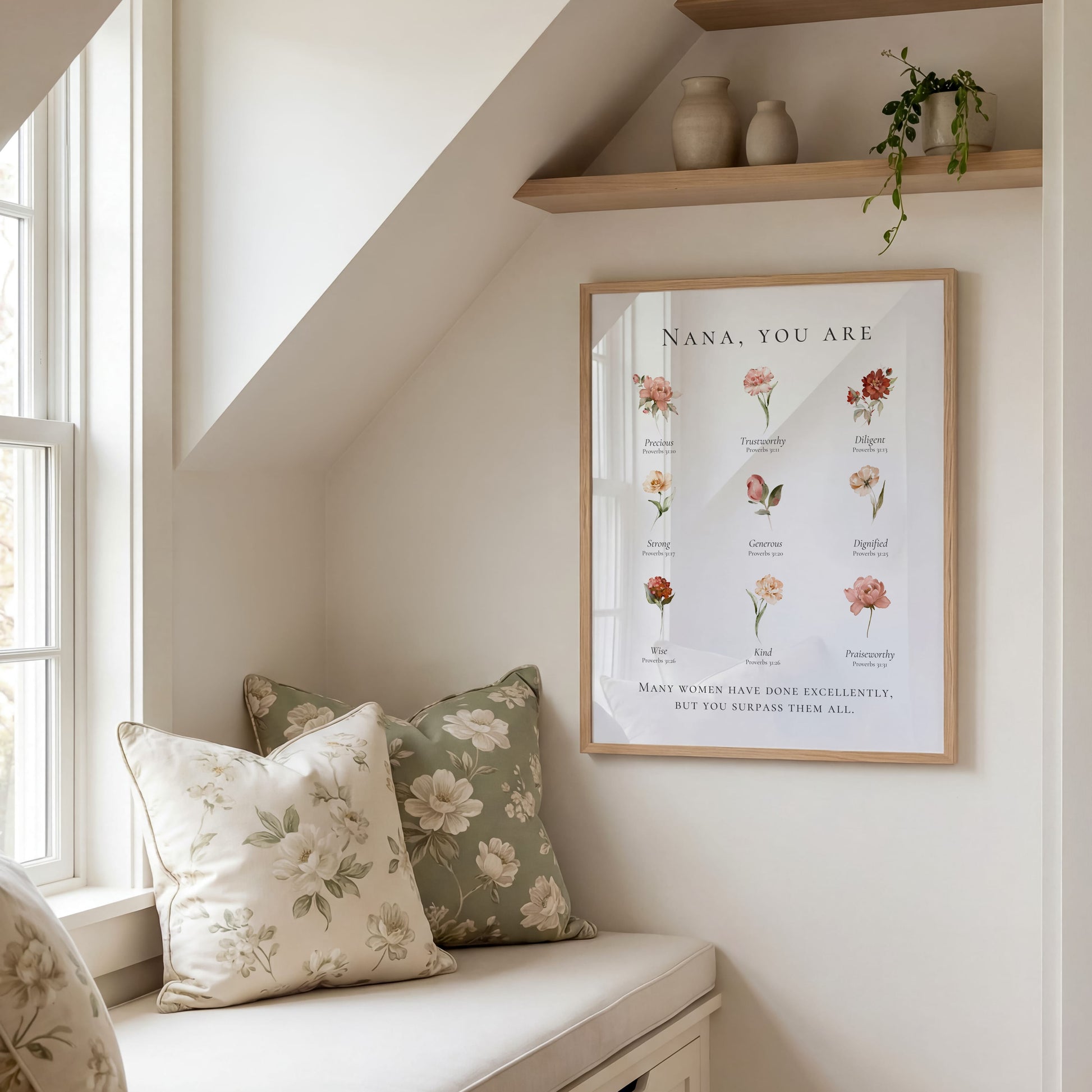 Nook with floral cushions, a framed print on the wall, and a shelf with decorative items.