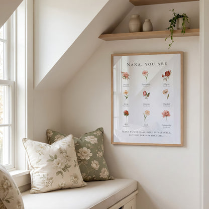 Nook with floral cushions, a framed print on the wall, and a shelf with decorative items.