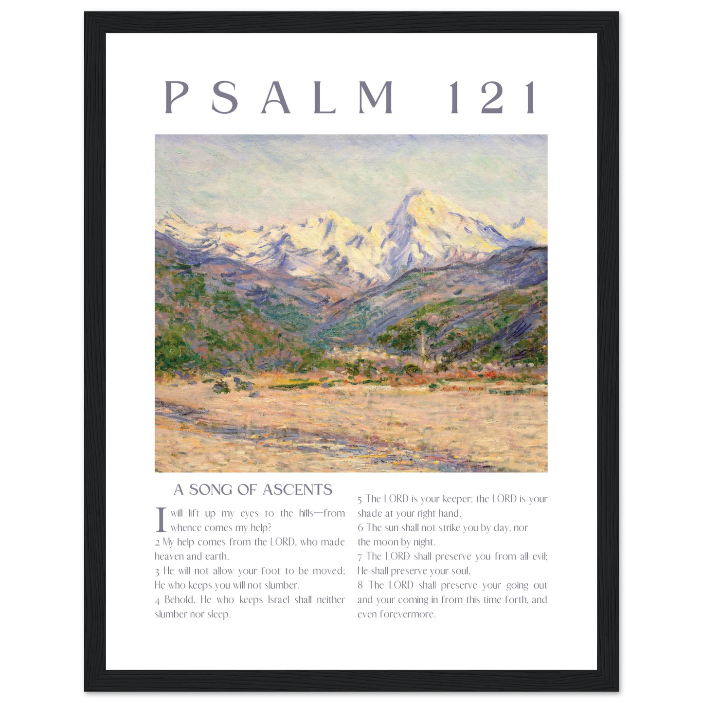 Framed artwork with mountain landscape and 'Psalm 121' text on a white background