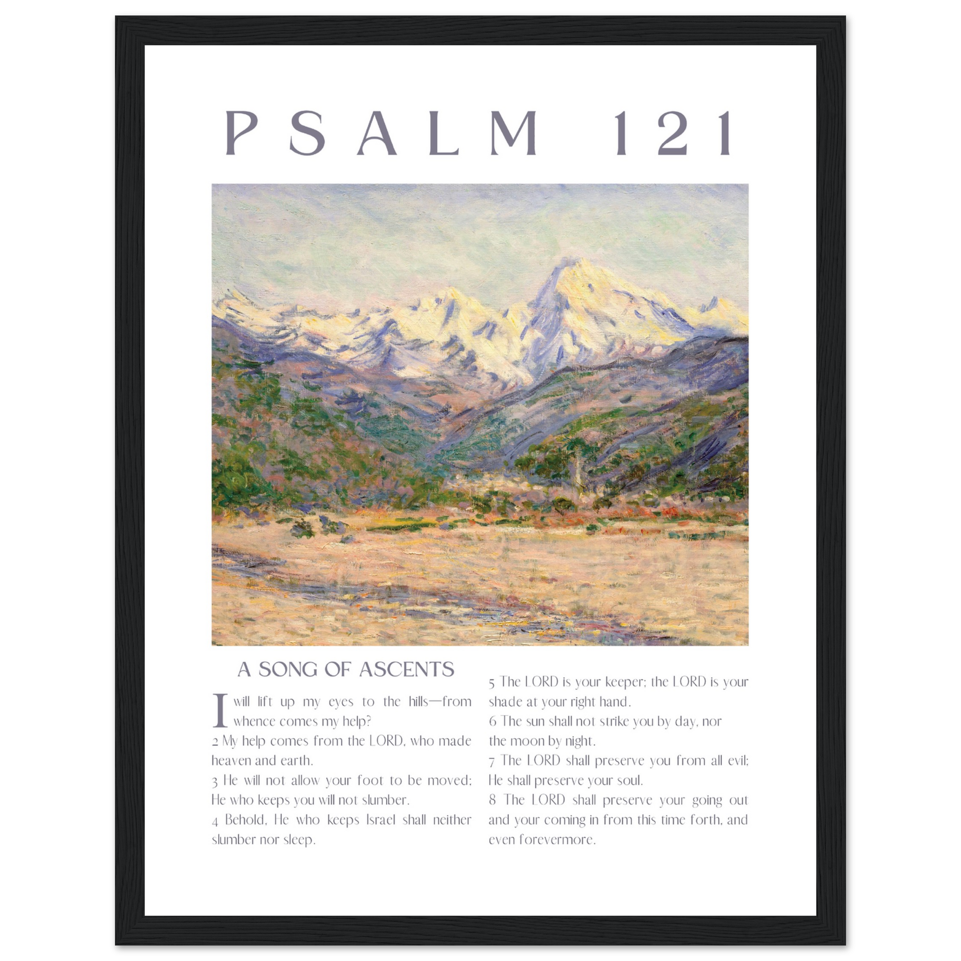 Framed artwork with mountain landscape and 'Psalm 121' text on a white background