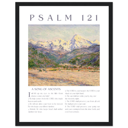 Framed artwork with mountain landscape and 'Psalm 121' text on a white background