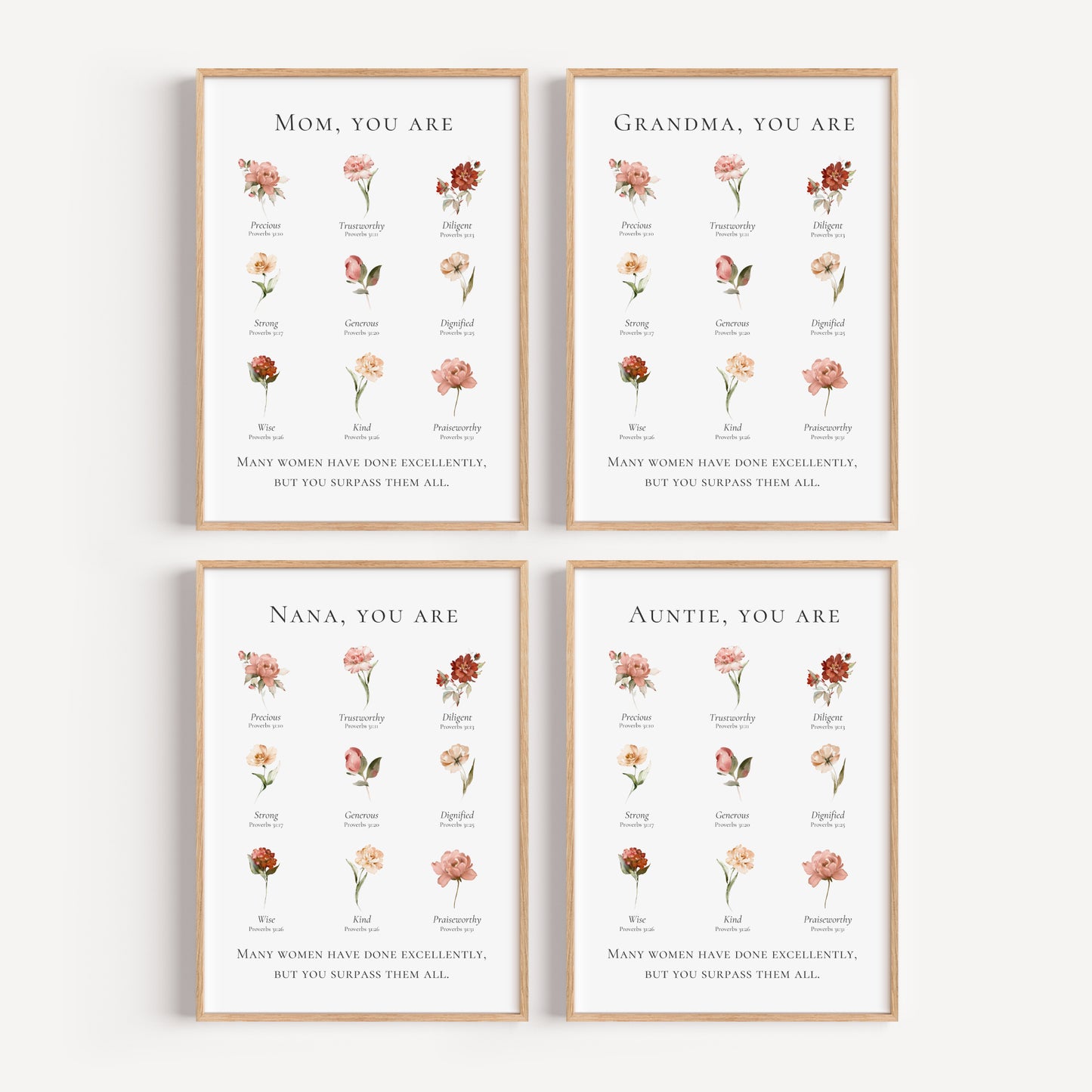Four framed prints with floral designs and text for Mom, Grandma, Nana, and Auntie on a white background.
