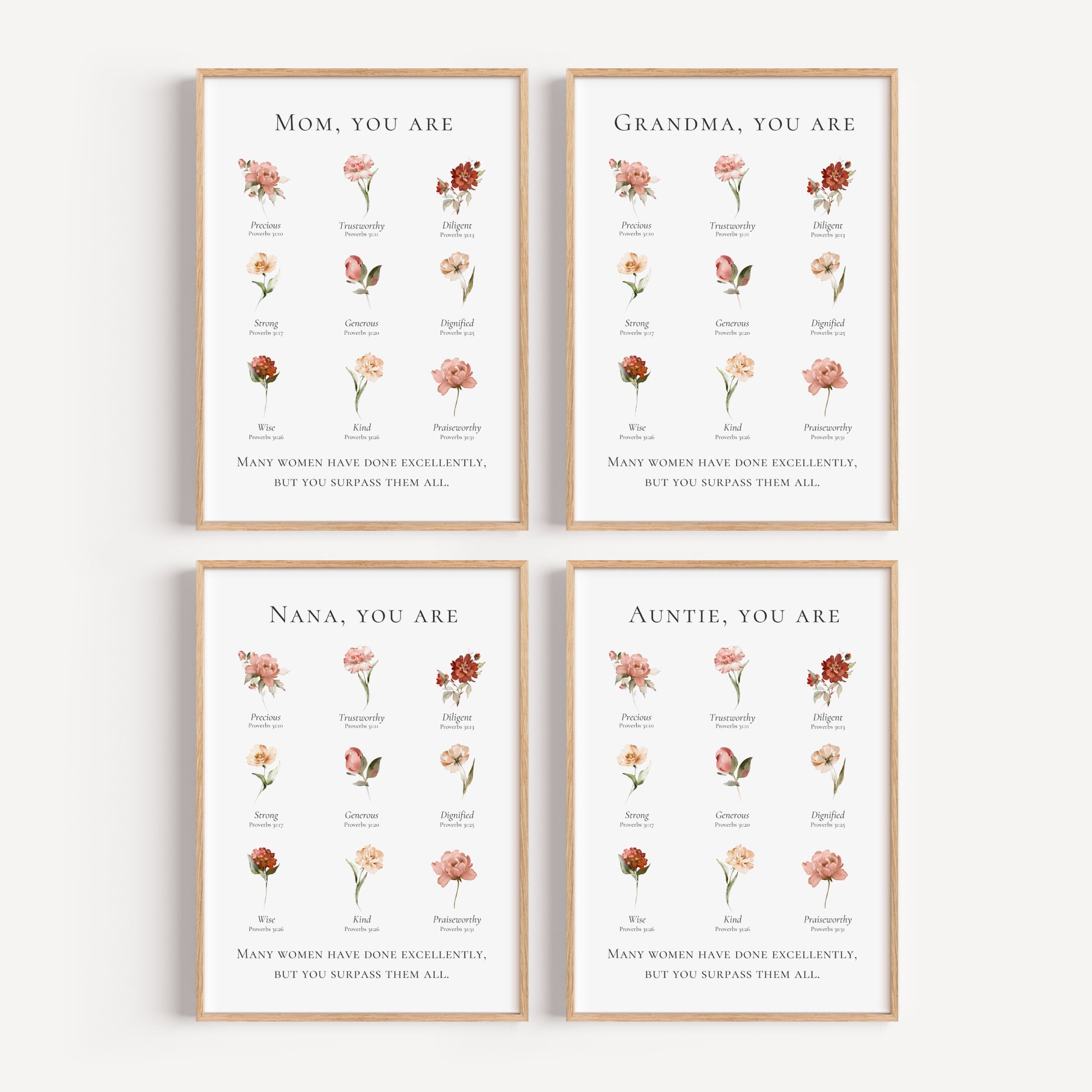 Four framed prints with floral designs and text for Mom, Grandma, Nana, and Auntie on a white background.
