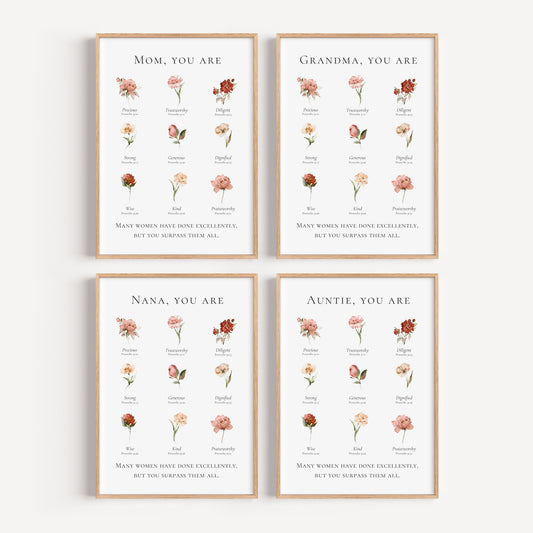 Four framed prints with floral designs and text for Mom, Grandma, Nana, and Auntie on a white background.