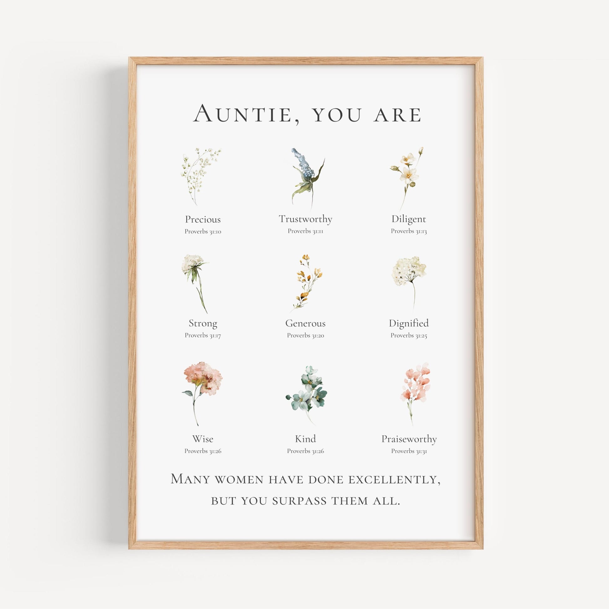 Framed print with floral illustrations and text for Auntie on a white background