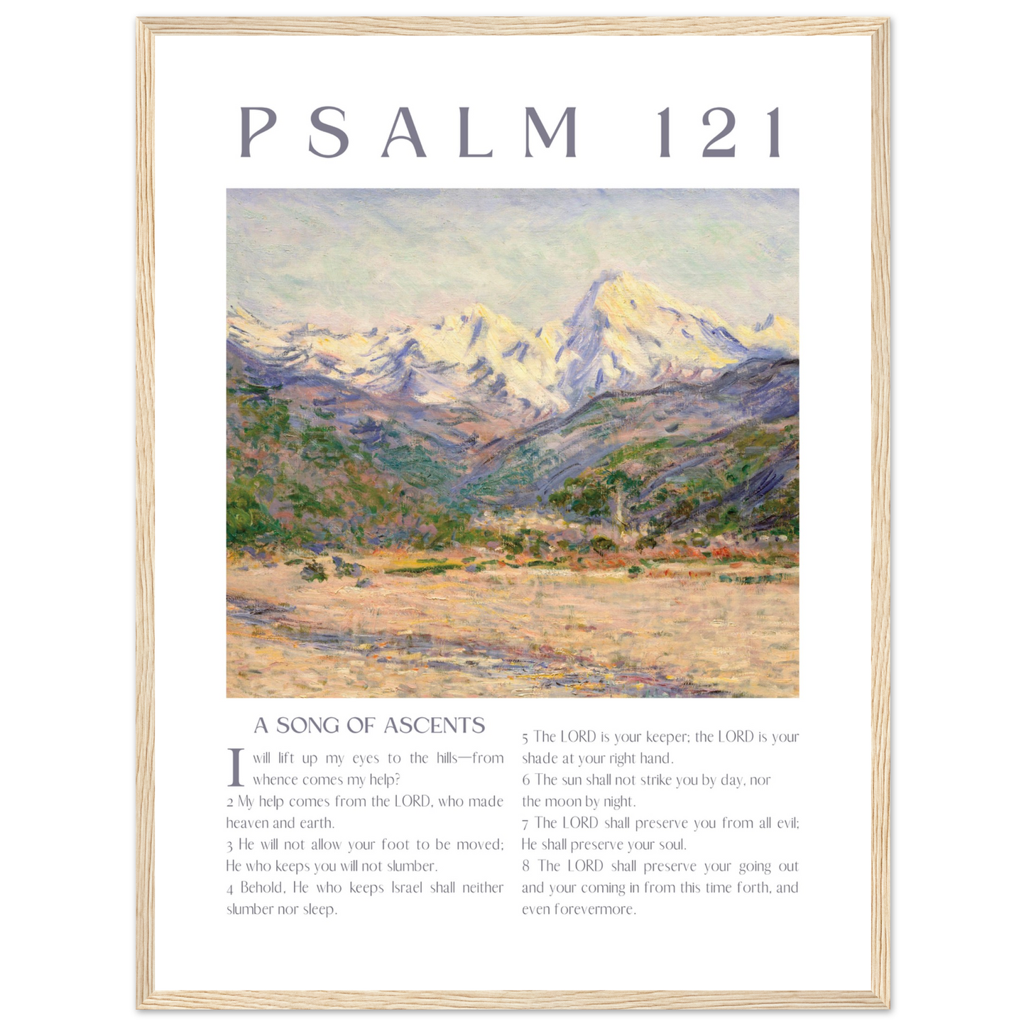 Framed artwork with mountain landscape and Psalm 121 text on a white background