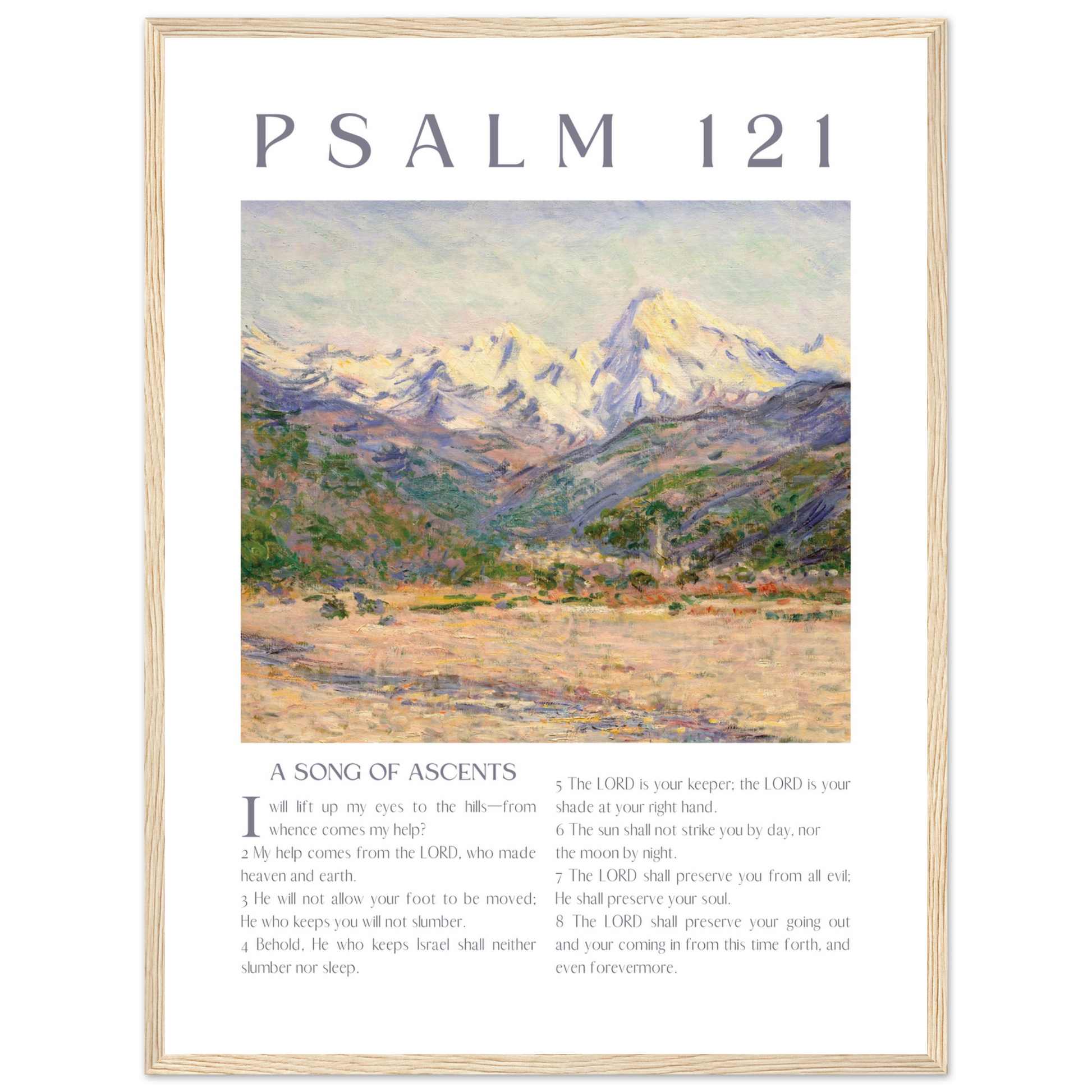 Framed artwork with mountain landscape and Psalm 121 text on a white background