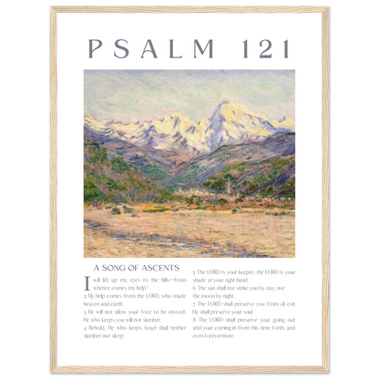 Framed artwork with mountain landscape and Psalm 121 text on a white background