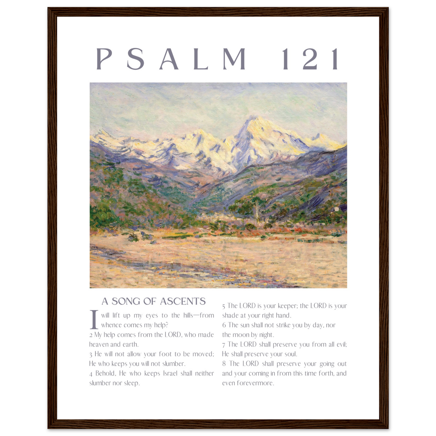 Framed artwork with mountain landscape and Psalm 121 text