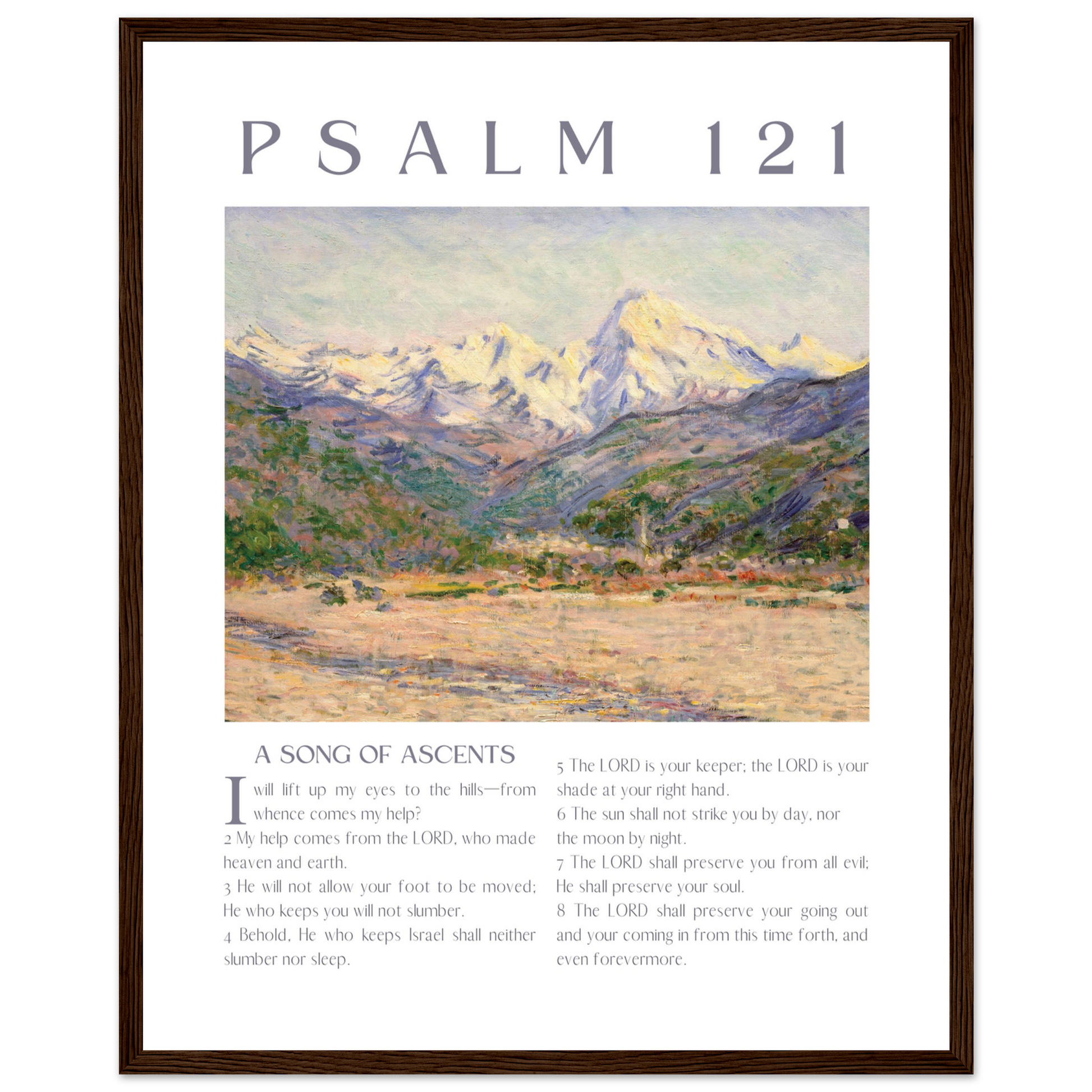 Framed artwork with mountain landscape and Psalm 121 text