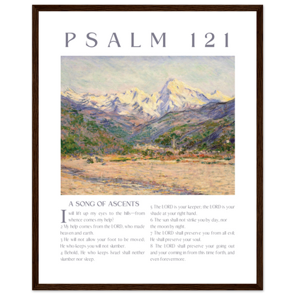 Framed artwork with mountain landscape and Psalm 121 text
