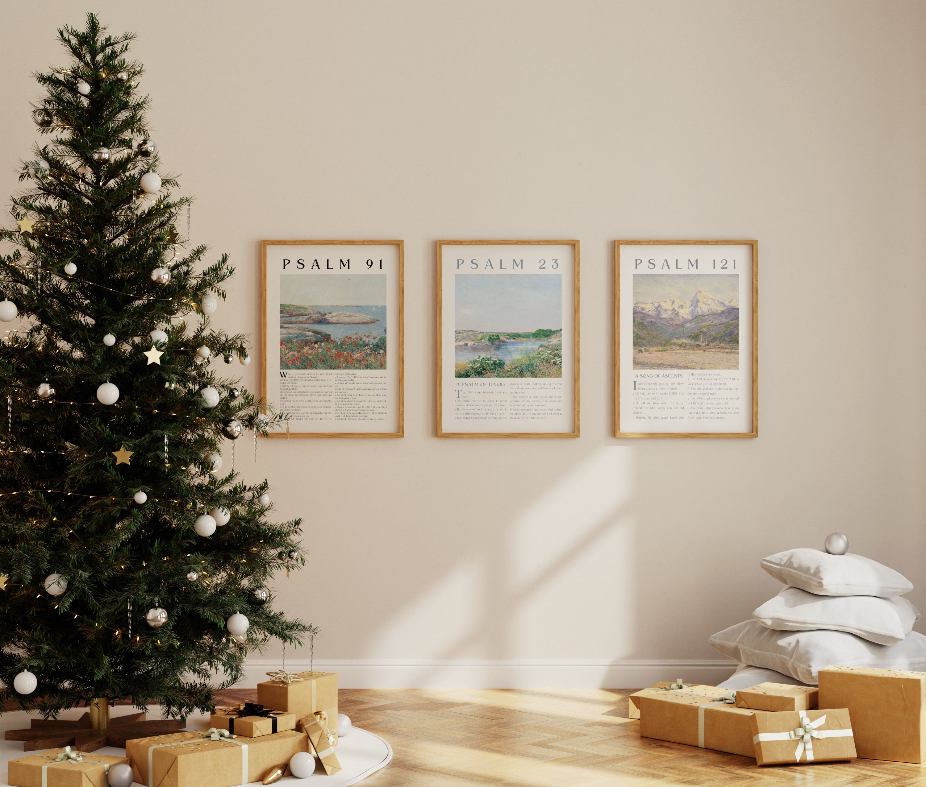 Decorated Christmas tree with presents and framed artwork on a wall.