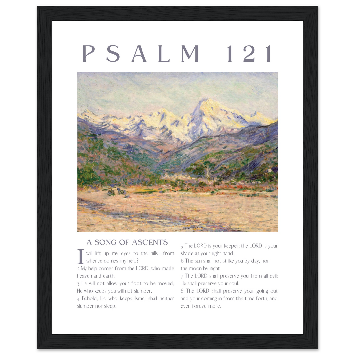 Framed artwork with a mountain landscape and text of Psalm 121.